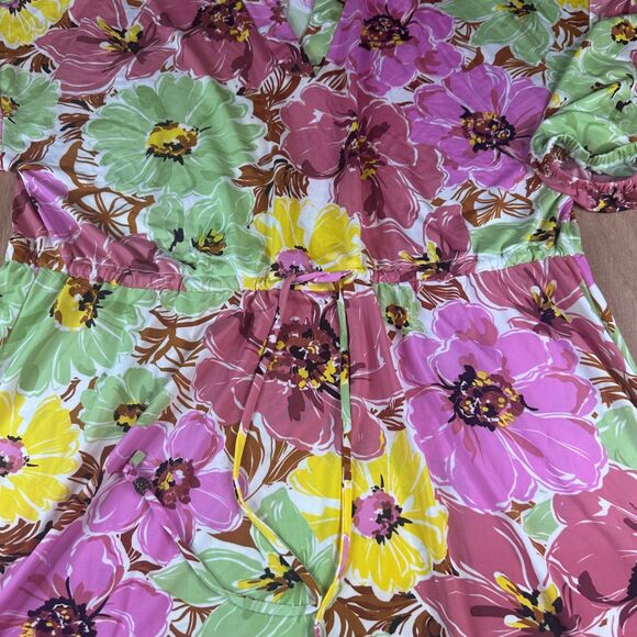 Lildy Floral Drawstring Waist Midi Dress S-M Pink Green Fall Boho Layering - Picture 2 of 6